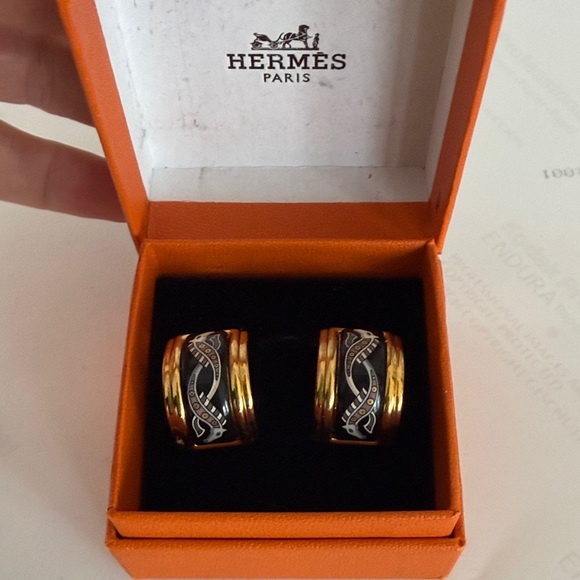 Vintage Hermes Gold and Navy Enamel Cloisonne Clip On Earrings